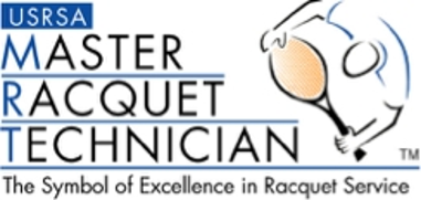 Image showing accreditation by international racquet stringing association, with text 'USRSA Master Racquet Technician' and the subtext 'The symbol of Excellence in Racquet Service'